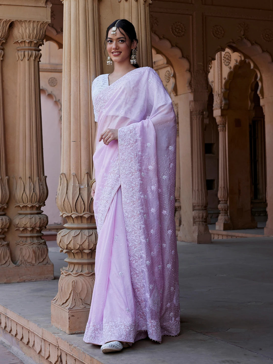 Ada Hand Embroidered Pink Organza Lucknowi Chikankari Saree and Blouse With Sequins Work 01A628014