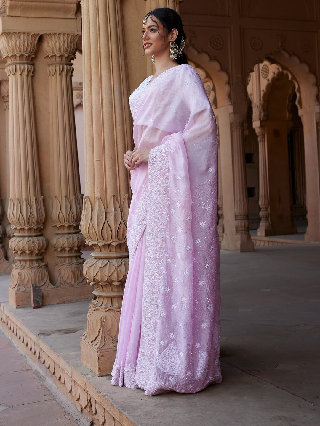 Ada Hand Embroidered Pink Organza Lucknowi Chikankari Saree and Blouse With Sequins Work 01A628014