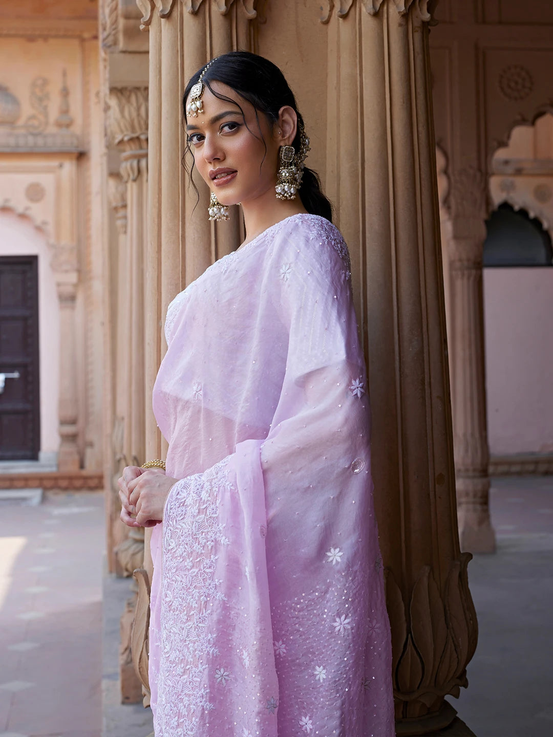 Ada Hand Embroidered Pink Organza Lucknowi Chikankari Saree and Blouse With Sequins Work 01A628014