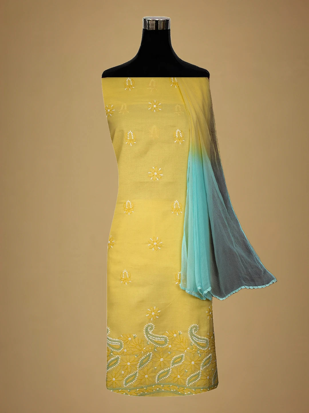Ada Hand Embroidered Yellow Cotton Lucknowi Chikankari Unstitched Suit Piece 01A700534