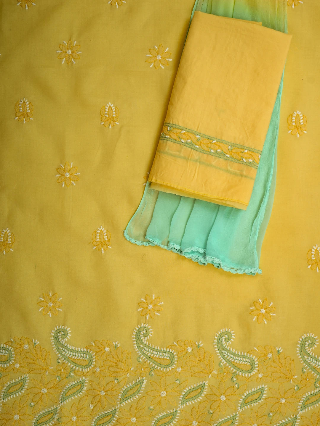 Ada Hand Embroidered Yellow Cotton Lucknowi Chikankari Unstitched Suit Piece 01A700534