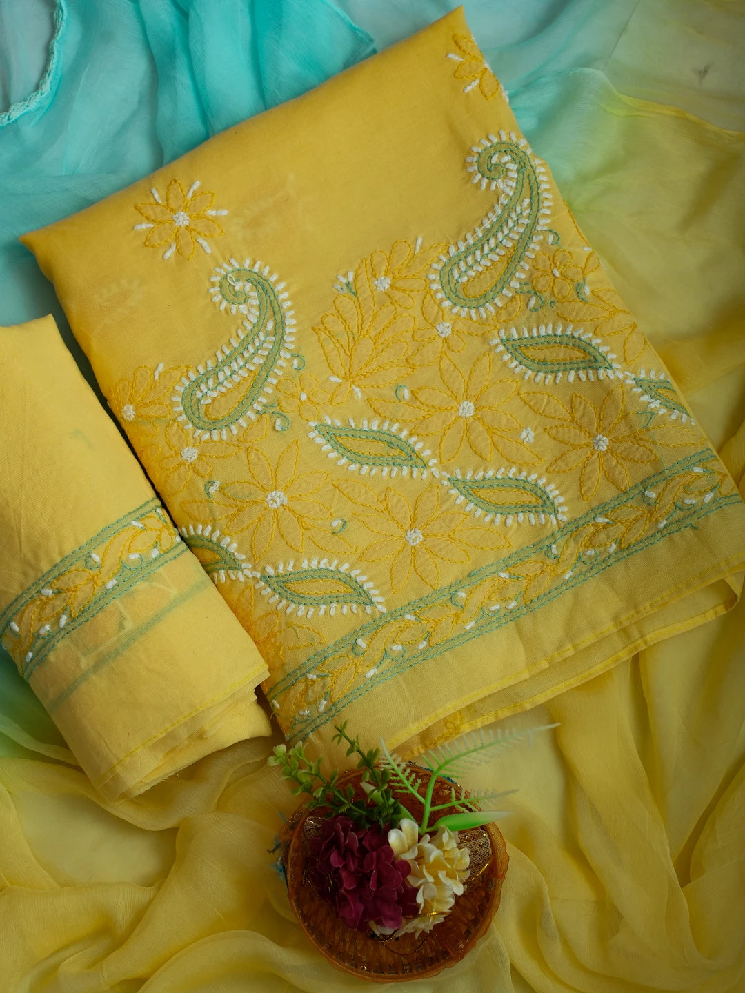 Ada Hand Embroidered Yellow Cotton Lucknowi Chikankari Unstitched Suit Piece 01A700534