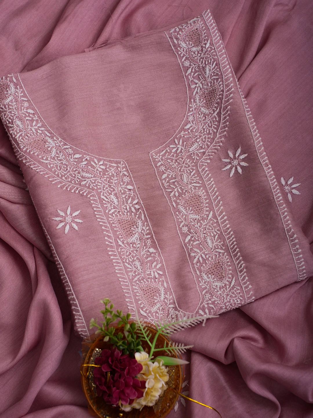 Ada Hand Embroidered Onion Pink Moonga Silk Lucknowi Chikankari Unstitched Kurta Dupatta Set 01A627034