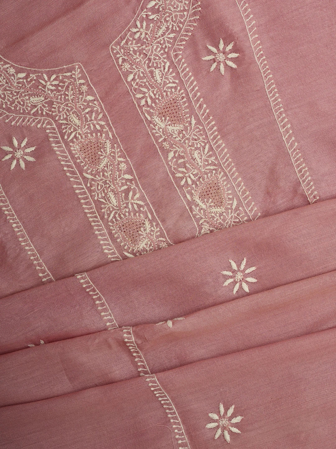 Ada Hand Embroidered Onion Pink Moonga Silk Lucknowi Chikankari Unstitched Kurta Dupatta Set 01A627034