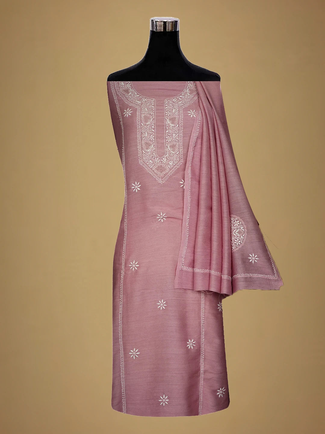 Ada Hand Embroidered Onion Pink Moonga Silk Lucknowi Chikankari Unstitched Kurta Dupatta Set 01A627034