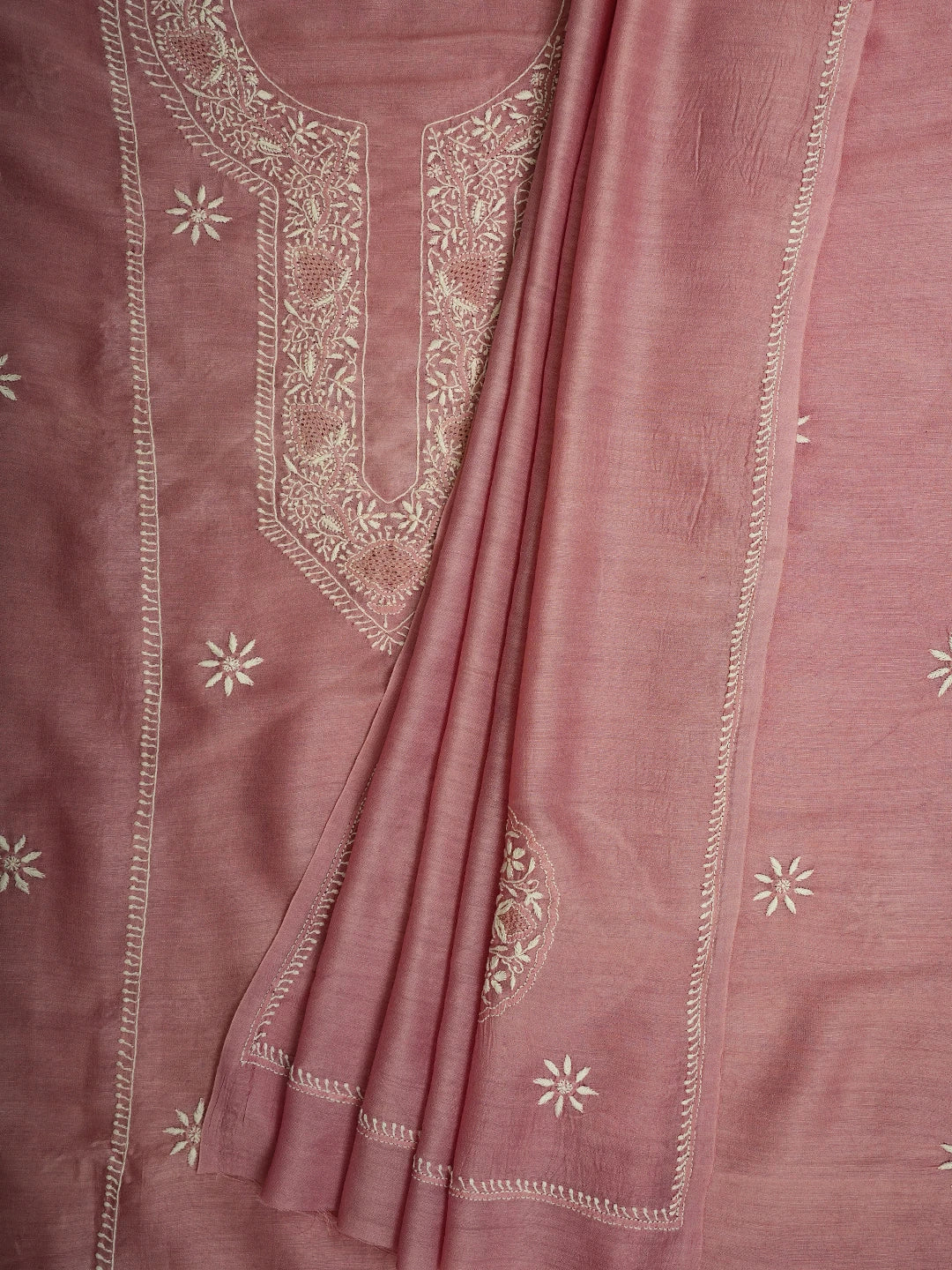 Ada Hand Embroidered Onion Pink Moonga Silk Lucknowi Chikankari Unstitched Kurta Dupatta Set 01A627034