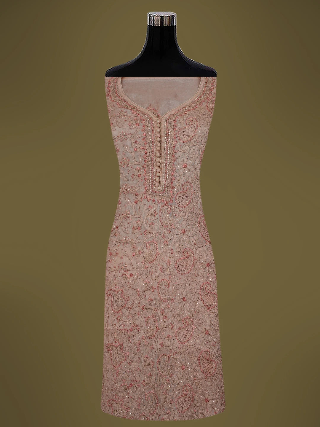 Ada Hand Embroidered Dusty Peach Chanderi Lucknowi Chikankari Semi- Stitched Suit Piece With Muqaish Work 01A691896