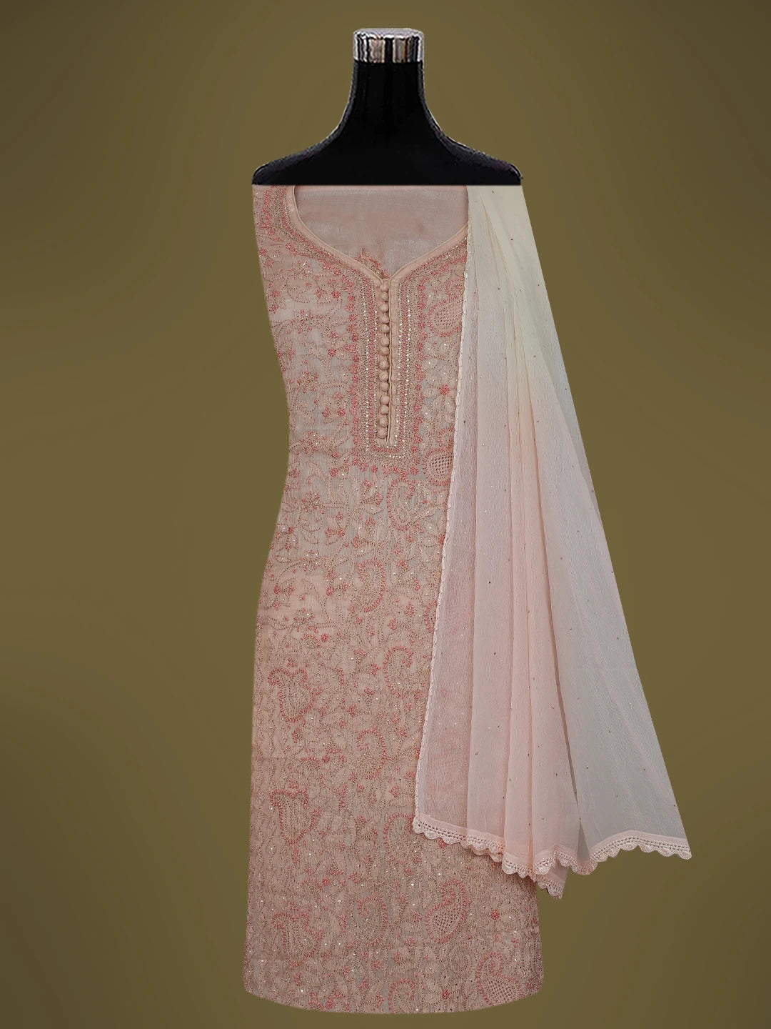 Ada Hand Embroidered Dusty Peach Chanderi Lucknowi Chikankari Semi- Stitched Suit Piece With Muqaish Work 01A691896