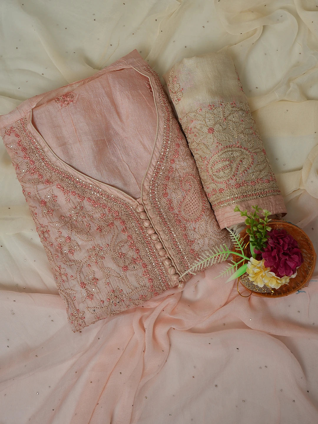 Ada Hand Embroidered Dusty Peach Chanderi Lucknowi Chikankari Semi- Stitched Suit Piece With Muqaish Work 01A691896