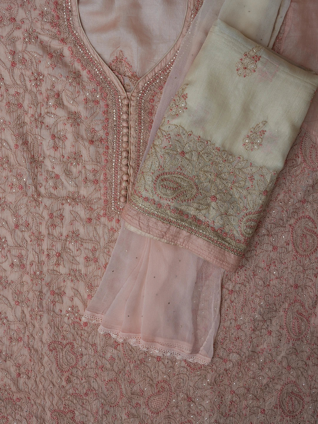 Ada Hand Embroidered Dusty Peach Chanderi Lucknowi Chikankari Semi- Stitched Suit Piece With Muqaish Work 01A691896