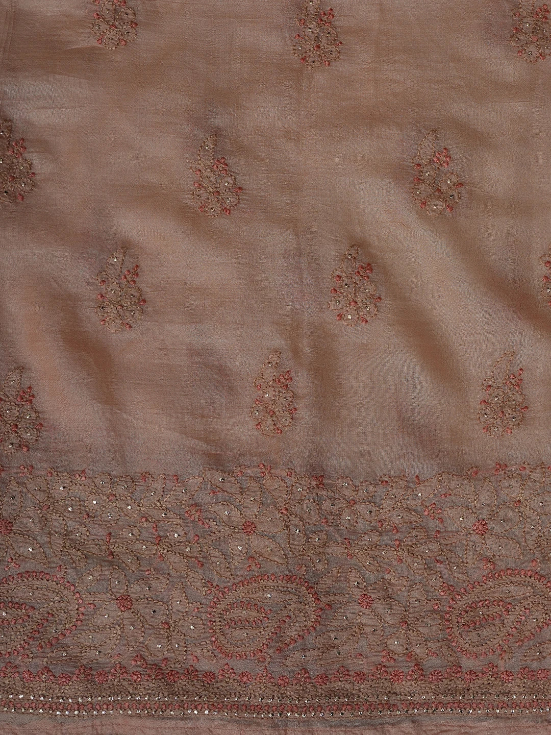 Ada Hand Embroidered Dusty Peach Chanderi Lucknowi Chikankari Semi- Stitched Suit Piece With Muqaish Work 01A691896