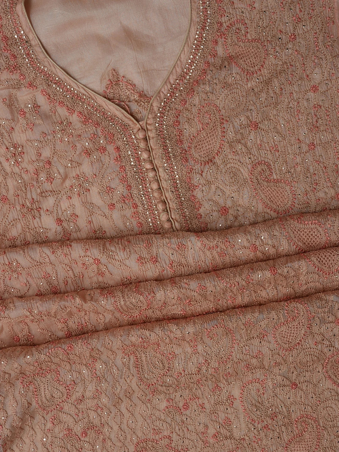 Ada Hand Embroidered Dusty Peach Chanderi Lucknowi Chikankari Semi- Stitched Suit Piece With Muqaish Work 01A691896