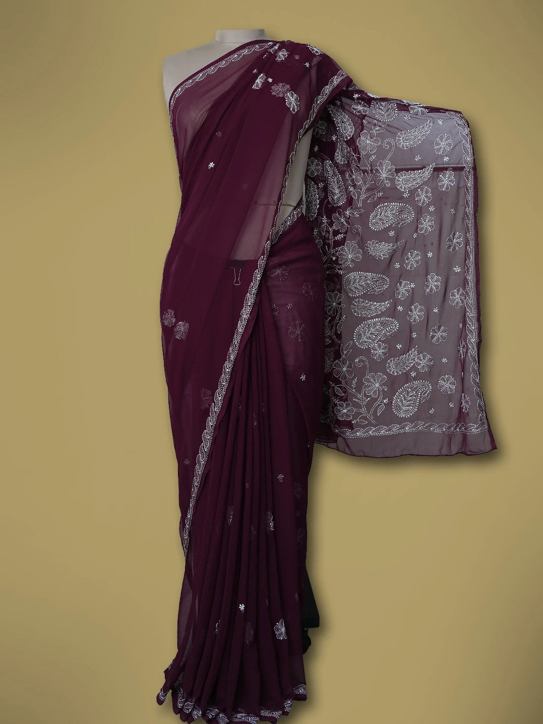 Ada Hand Embroidered Wine Georgette Lucknowi Chikankari Saree With Blouse 01A702385