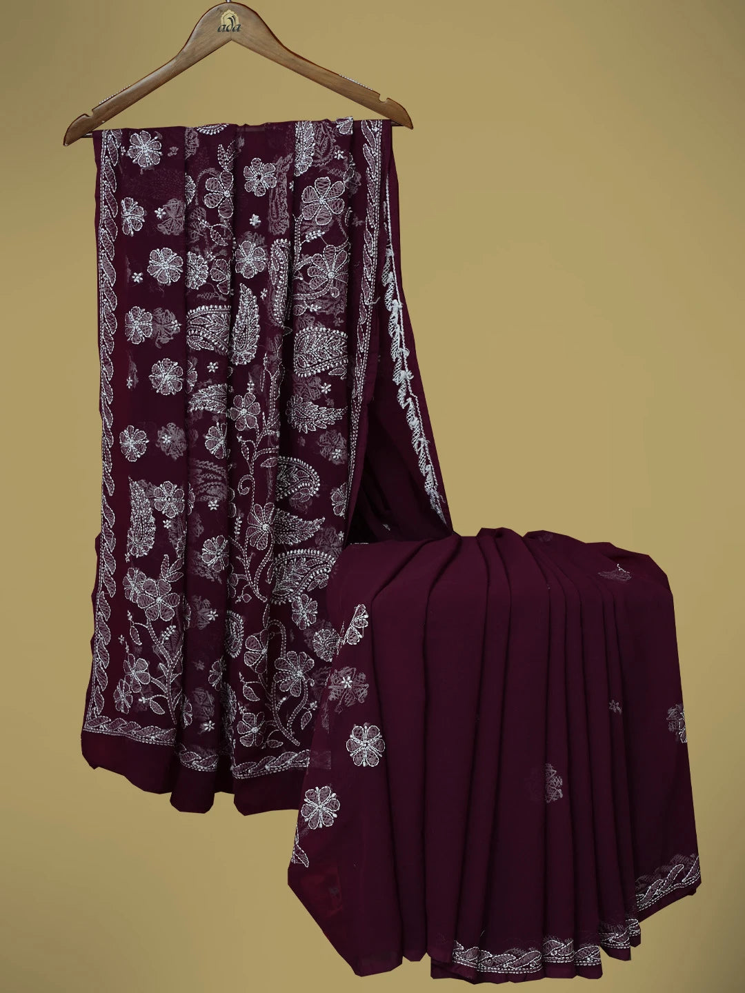 Ada Hand Embroidered Wine Georgette Lucknowi Chikankari Saree With Blouse 01A702385