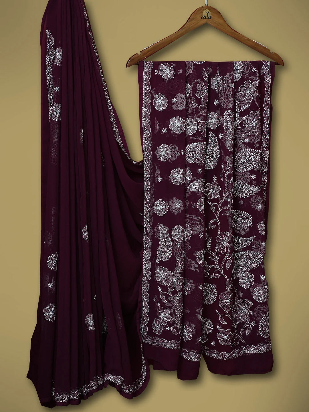 Ada Hand Embroidered Wine Georgette Lucknowi Chikankari Saree With Blouse 01A702385