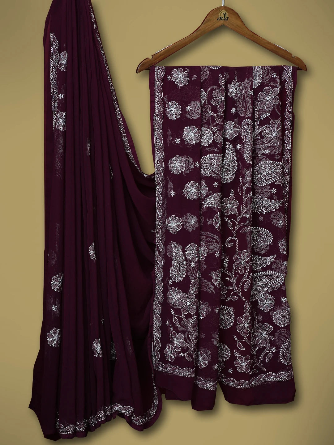 Ada Hand Embroidered Wine Georgette Lucknowi Chikankari Saree With Blouse 01A702385