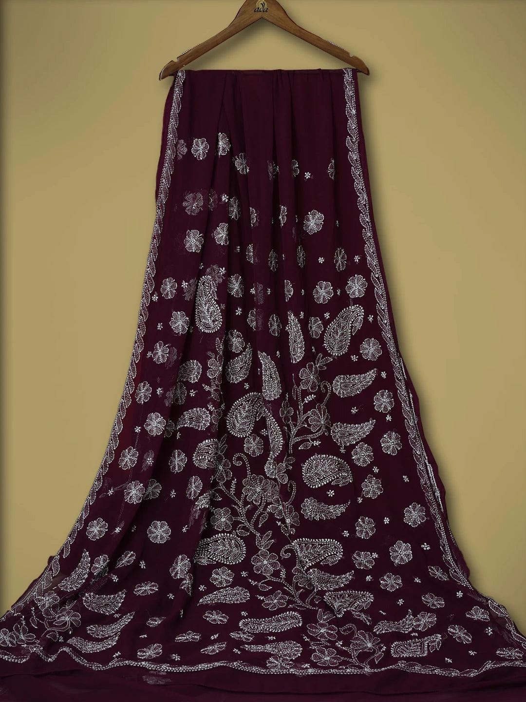 Ada Hand Embroidered Wine Georgette Lucknowi Chikankari Saree With Blouse 01A702385