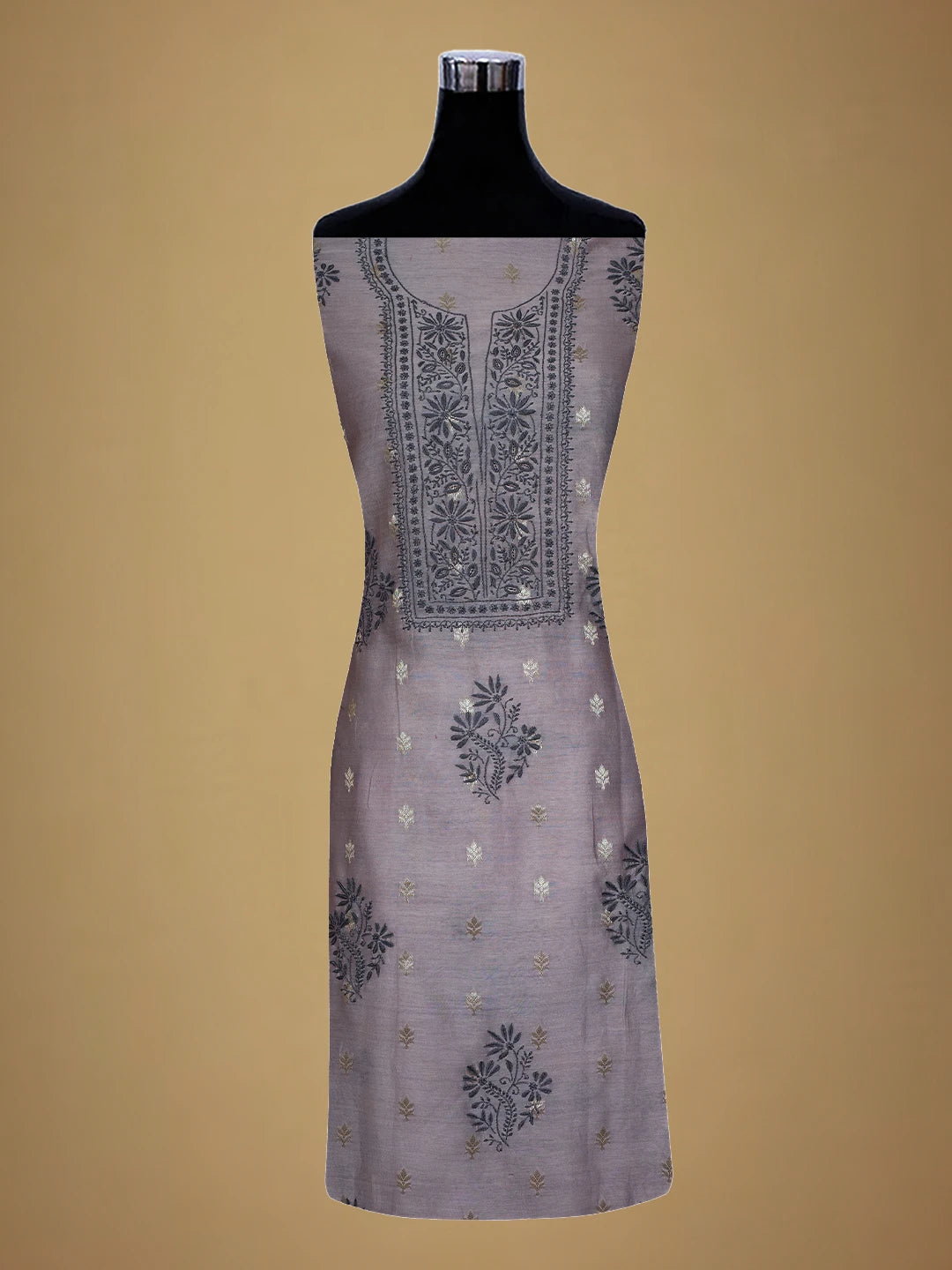 Ada Hand Embroidered Mauve Chanderi Lucknowi Chikankari Unstitched Kurta Dupatta Set With Zari Work 01A712891