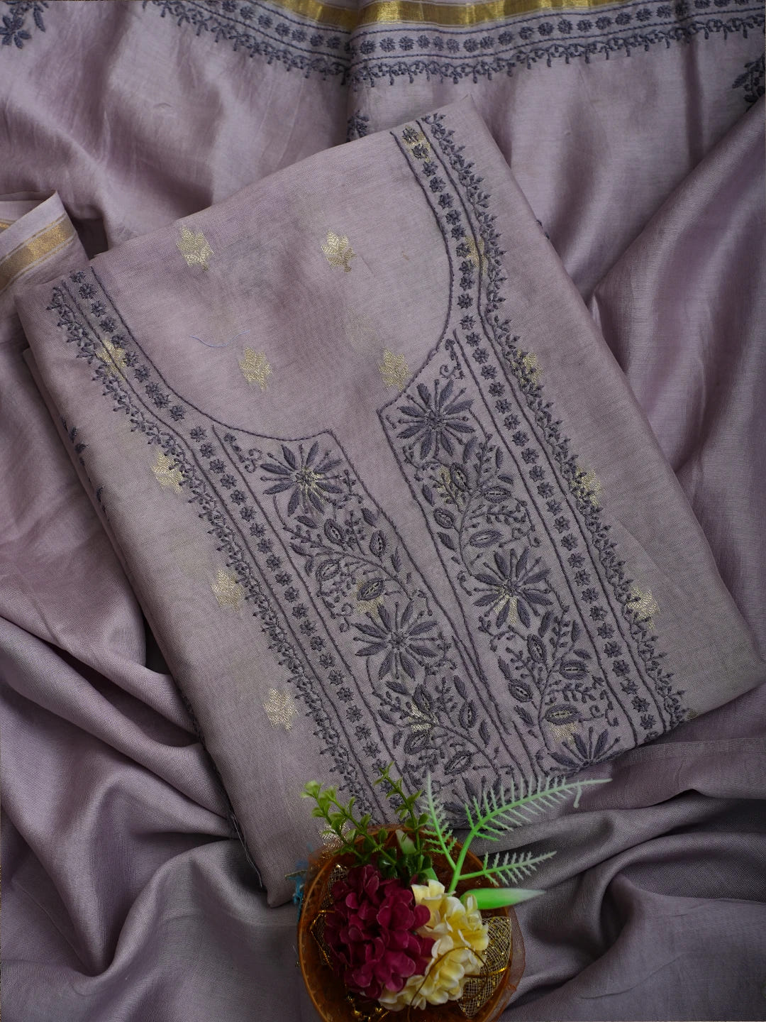 Ada Hand Embroidered Mauve Chanderi Lucknowi Chikankari Unstitched Kurta Dupatta Set With Zari Work 01A712891