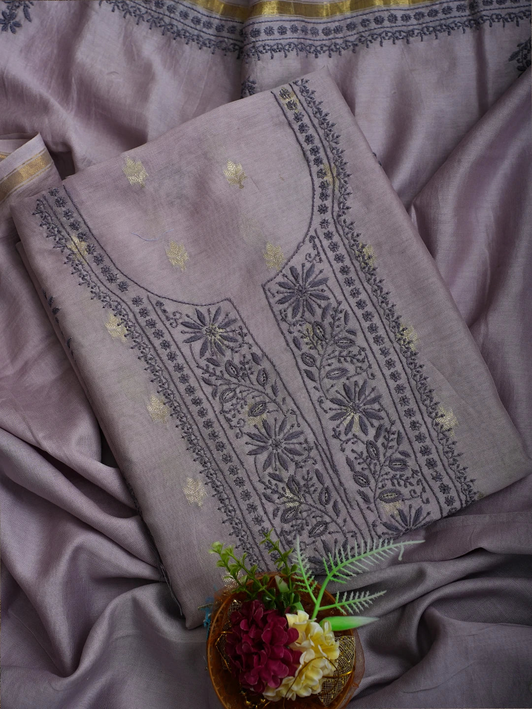 Ada Hand Embroidered Mauve Chanderi Lucknowi Chikankari Unstitched Kurta Dupatta Set With Zari Work 01A712891