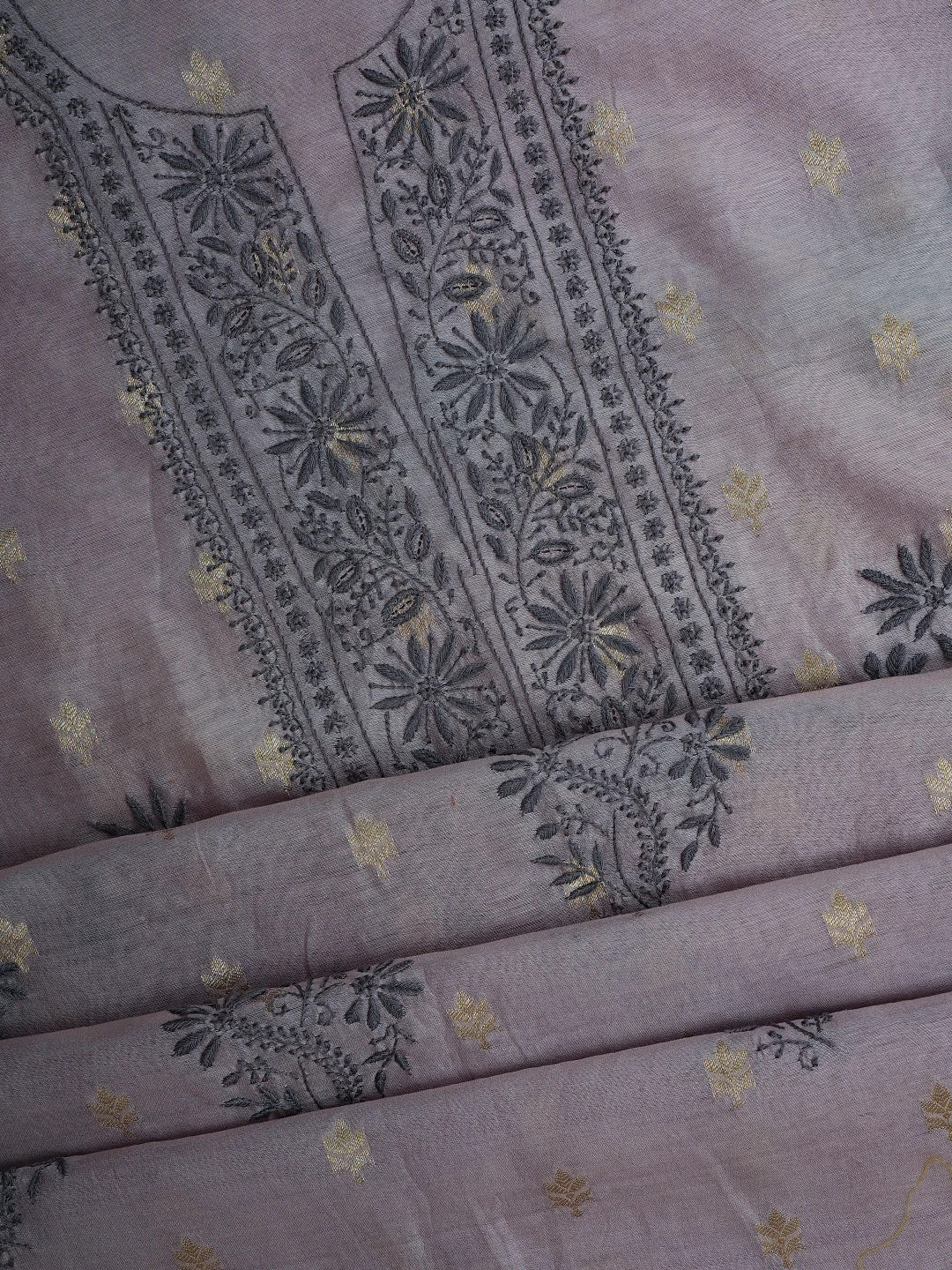 Ada Hand Embroidered Mauve Chanderi Lucknowi Chikankari Unstitched Kurta Dupatta Set With Zari Work 01A712891