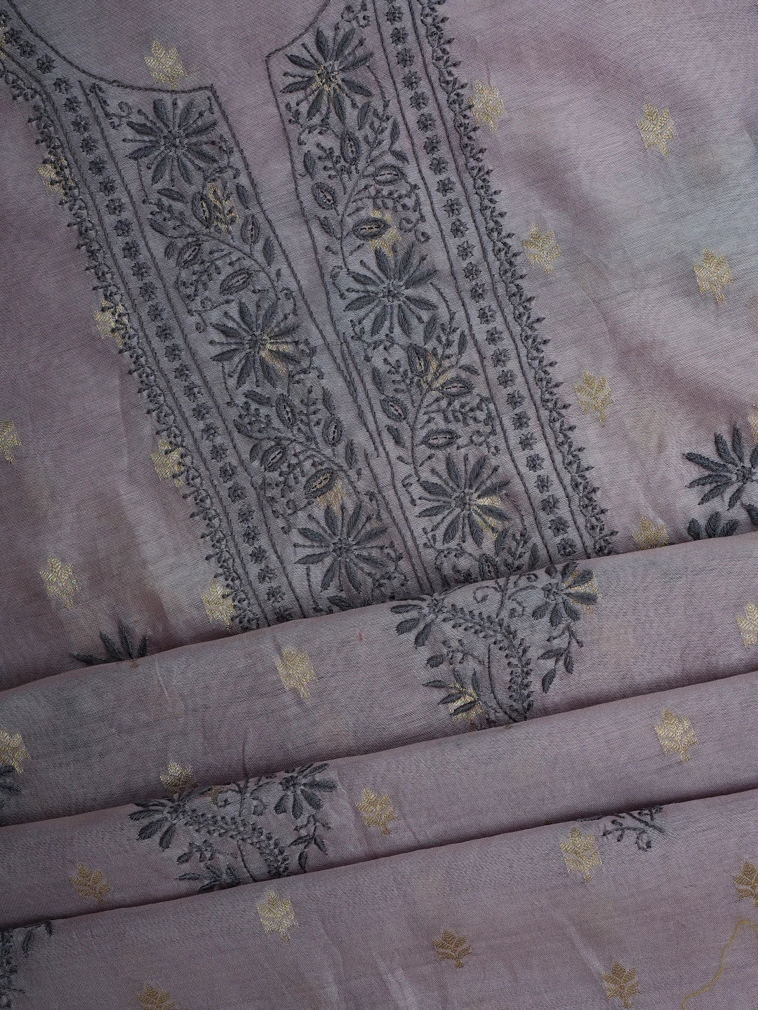 Ada Hand Embroidered Mauve Chanderi Lucknowi Chikankari Unstitched Kurta Dupatta Set With Zari Work 01A712891