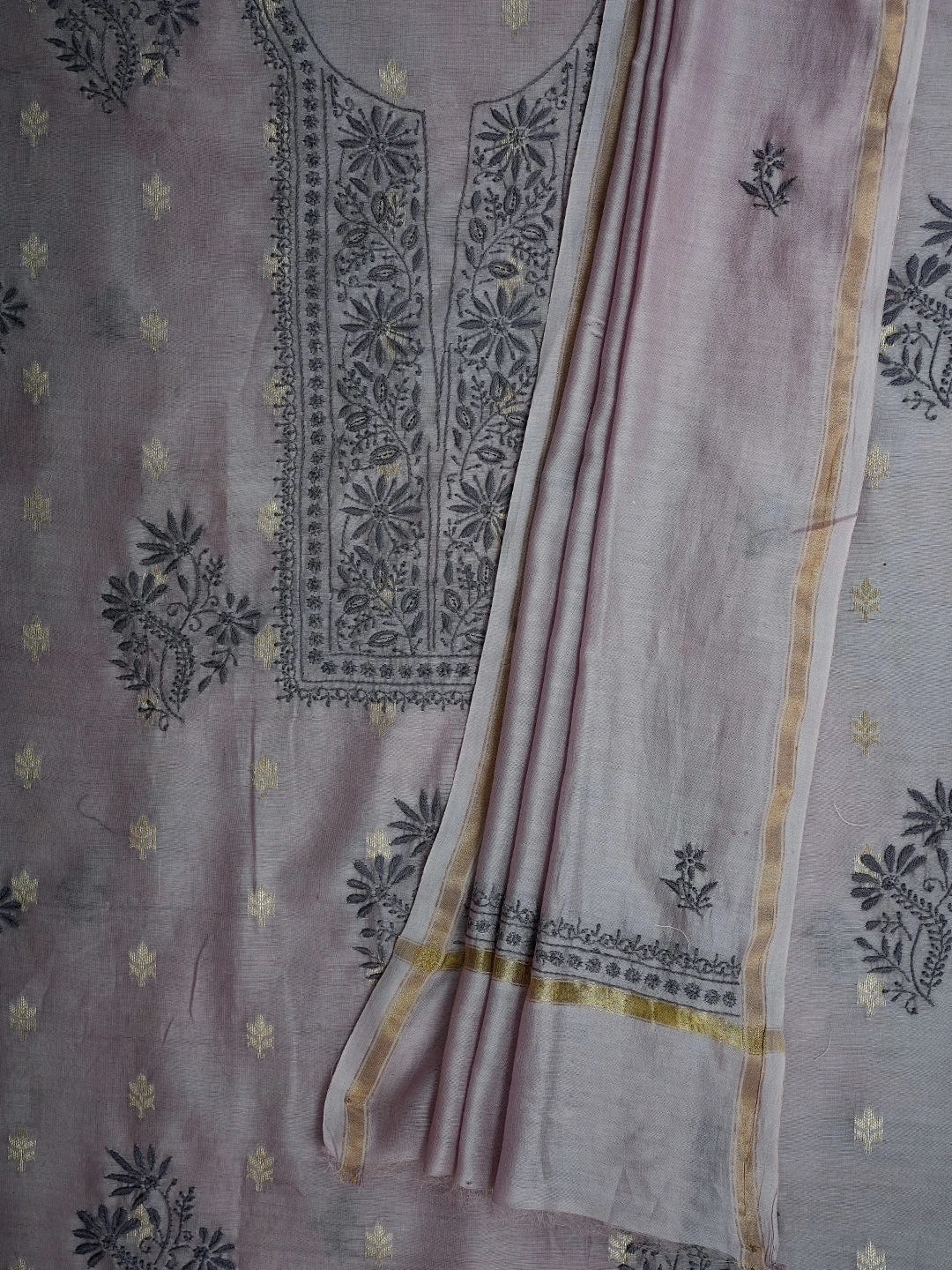 Ada Hand Embroidered Mauve Chanderi Lucknowi Chikankari Unstitched Kurta Dupatta Set With Zari Work 01A712891