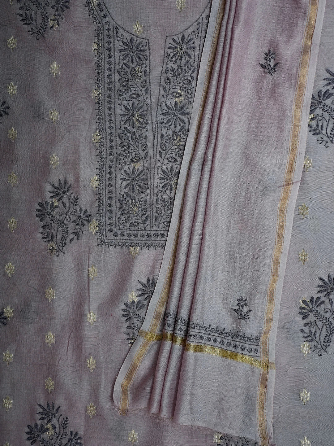 Ada Hand Embroidered Mauve Chanderi Lucknowi Chikankari Unstitched Kurta Dupatta Set With Zari Work 01A712891