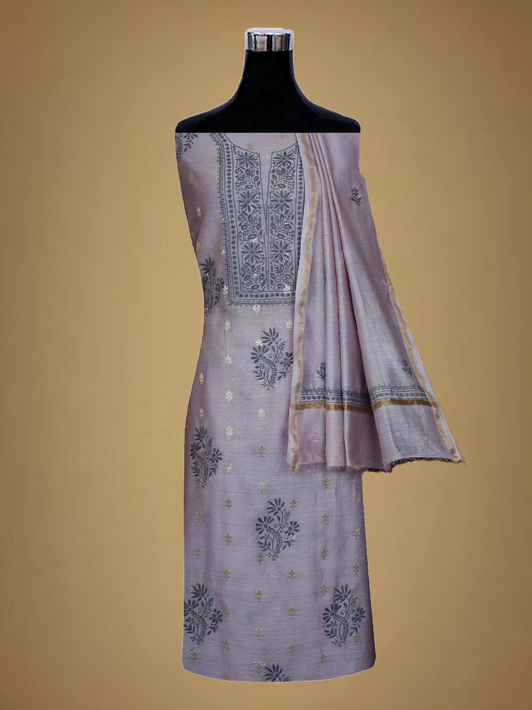 Ada Hand Embroidered Mauve Chanderi Lucknowi Chikankari Unstitched Kurta Dupatta Set With Zari Work 01A712891