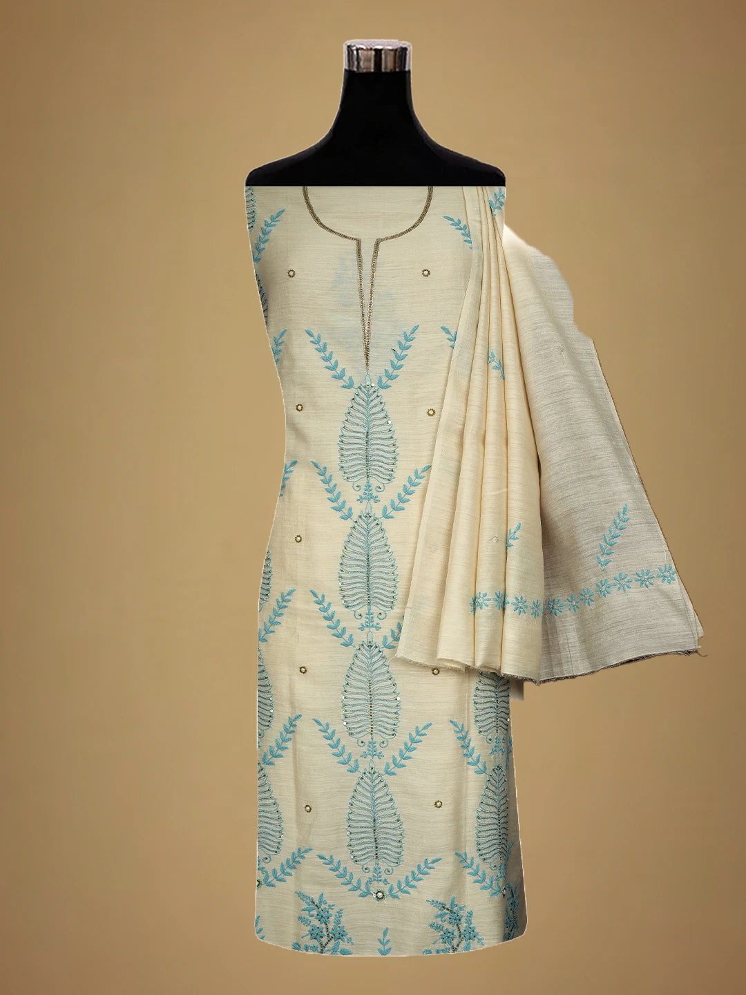 Ada Hand Embroidered Fawn Moonga Silk Lucknowi Chikankari Unstitched Kurta Dupatta Set With Squinned Work 01A548528