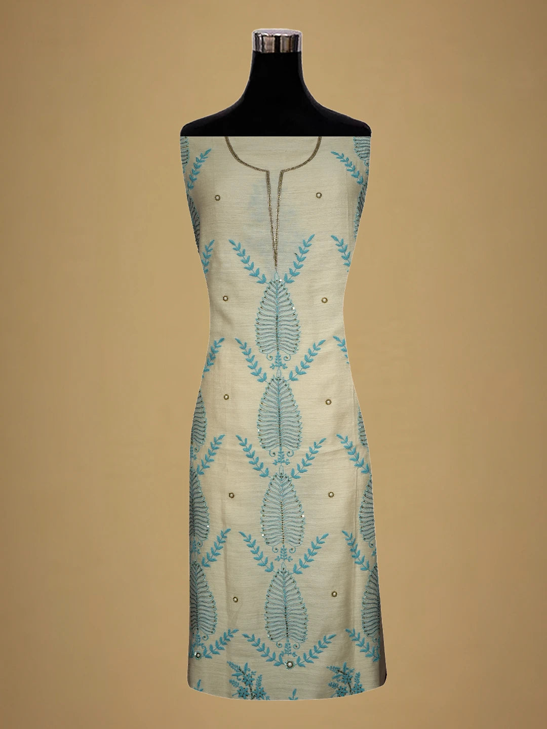 Ada Hand Embroidered Fawn Moonga Silk Lucknowi Chikankari Unstitched Kurta Dupatta Set With Squinned Work 01A548528