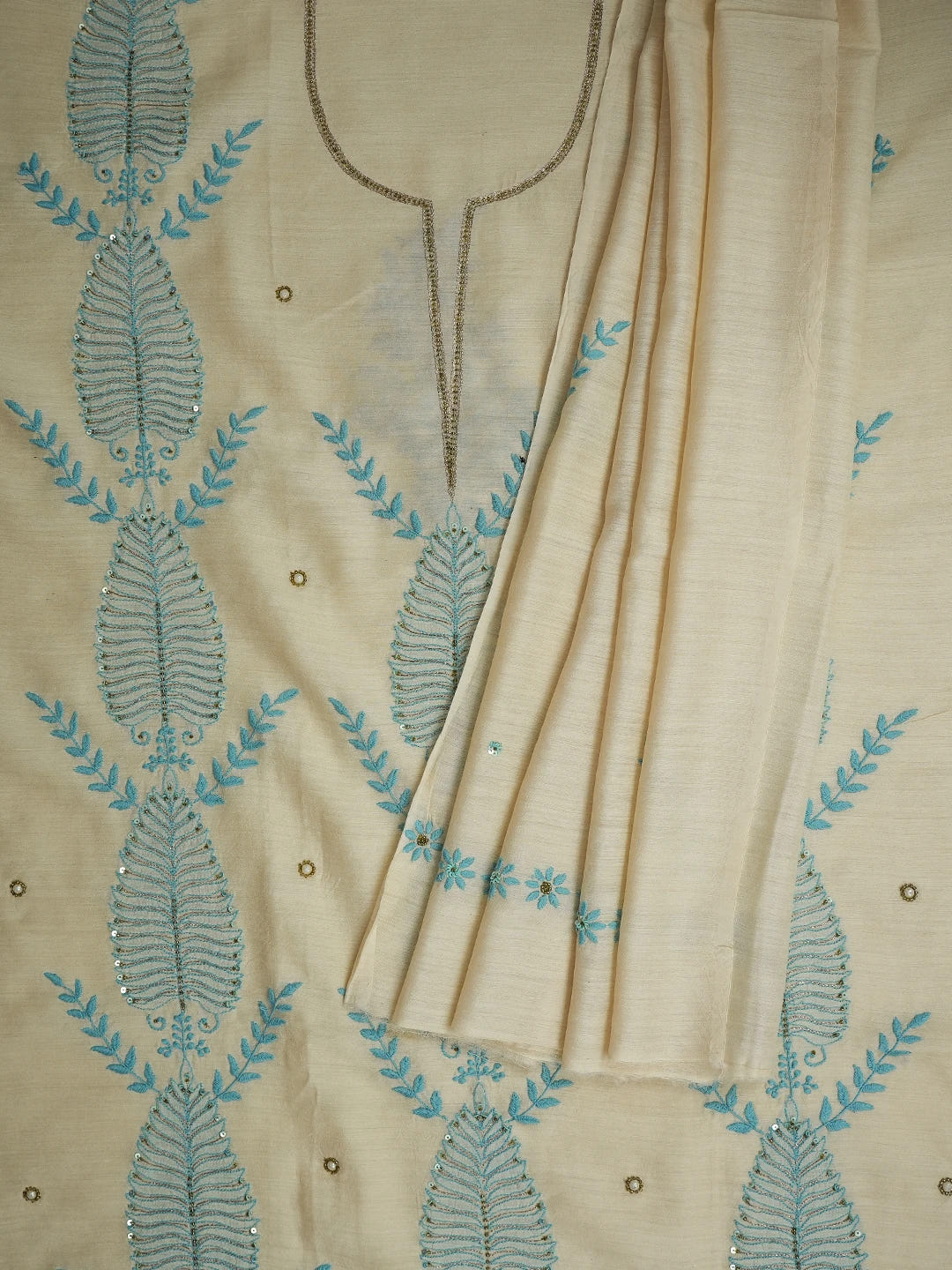 Ada Hand Embroidered Fawn Moonga Silk Lucknowi Chikankari Unstitched Kurta Dupatta Set With Squinned Work 01A548528