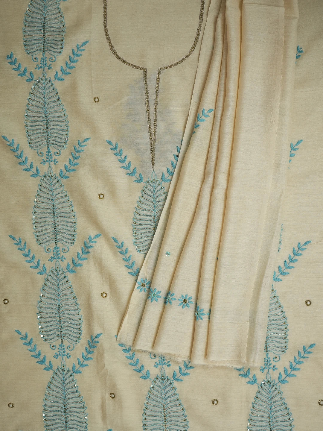 Ada Hand Embroidered Fawn Moonga Silk Lucknowi Chikankari Unstitched Kurta Dupatta Set With Squinned Work 01A548528