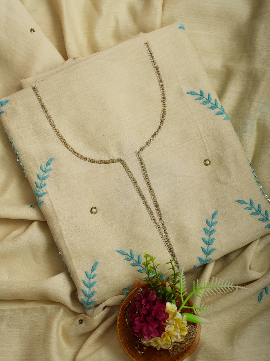 Ada Hand Embroidered Fawn Moonga Silk Lucknowi Chikankari Unstitched Kurta Dupatta Set With Squinned Work 01A548528