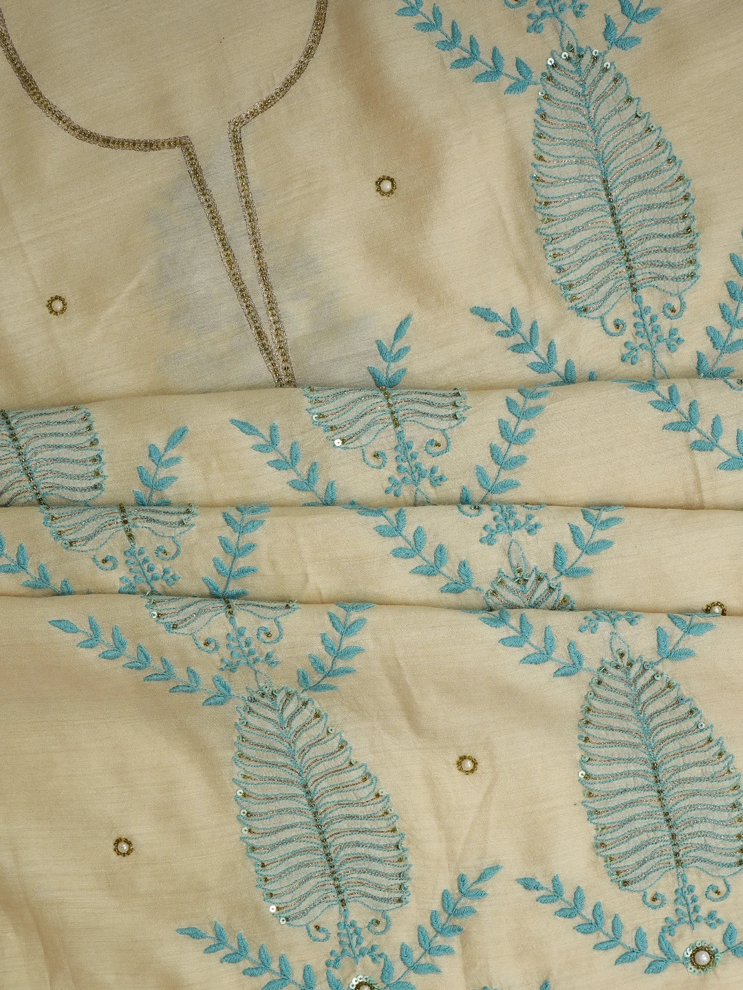 Ada Hand Embroidered Fawn Moonga Silk Lucknowi Chikankari Unstitched Kurta Dupatta Set With Squinned Work 01A548528