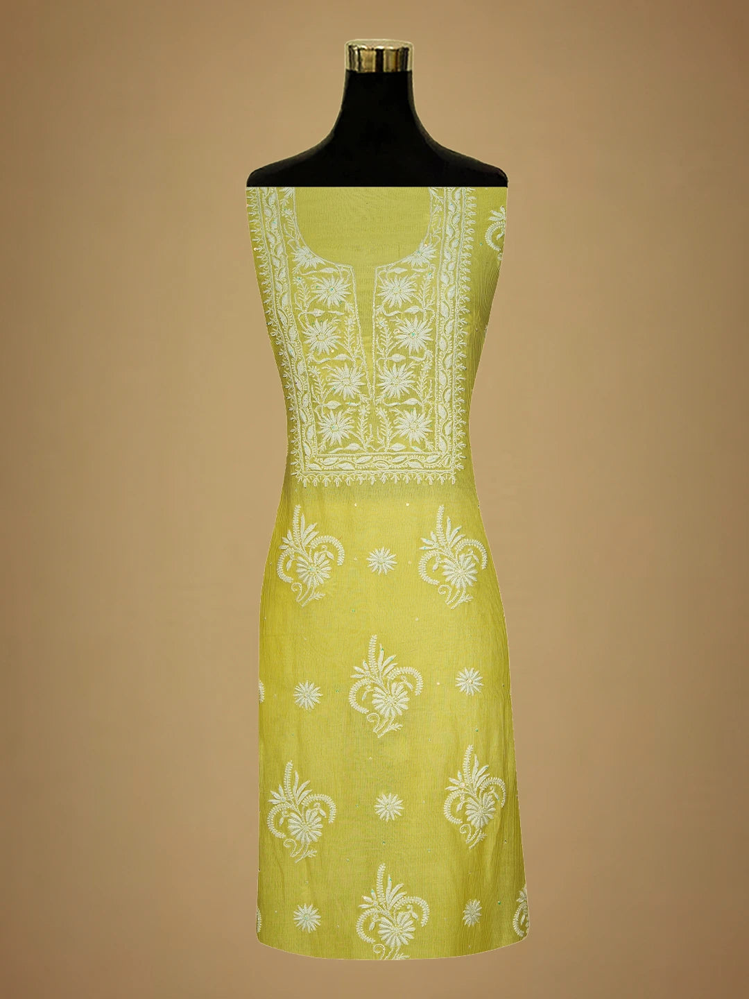 Ada Hand Embroidered Lemon Chanderi Lucknowi Chikankari Unstitched Suit Piece With Cutdana Work 01A648342