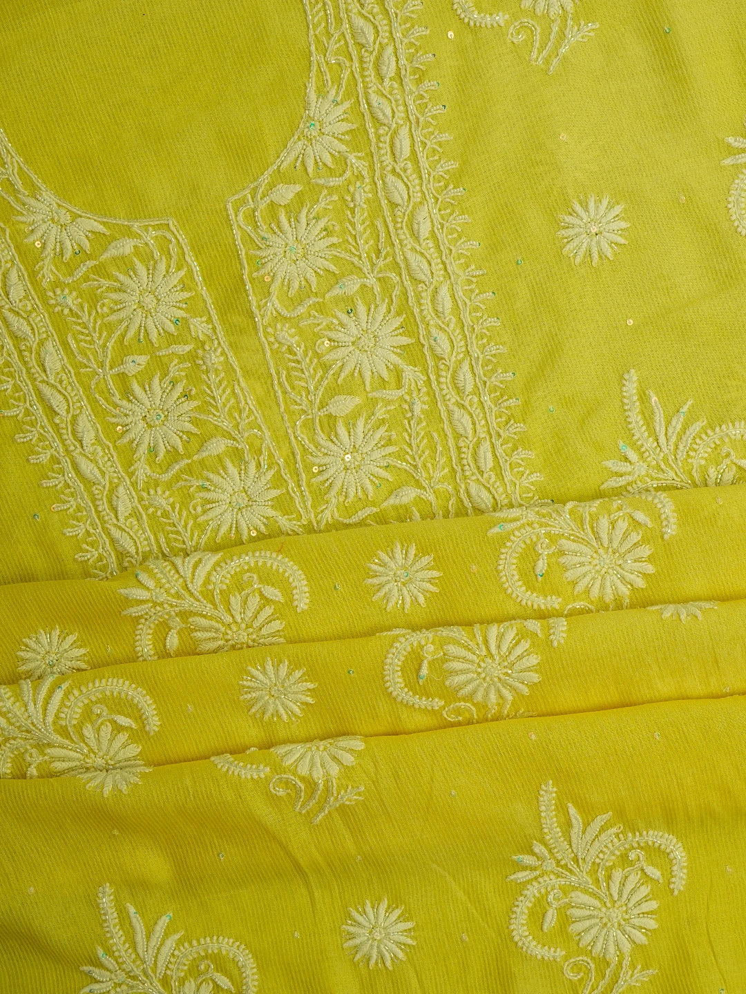 Ada Hand Embroidered Lemon Chanderi Lucknowi Chikankari Unstitched Suit Piece With Cutdana Work 01A648342