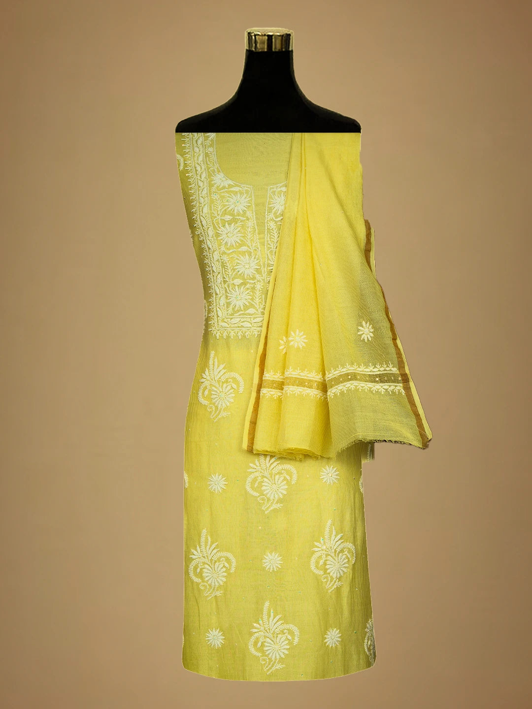 Ada Hand Embroidered Lemon Chanderi Lucknowi Chikankari Unstitched Suit Piece With Cutdana Work 01A648342