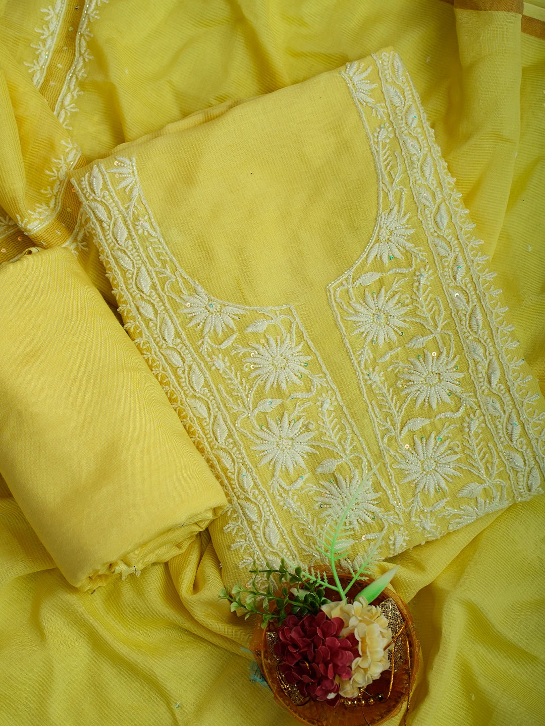 Ada Hand Embroidered Lemon Chanderi Lucknowi Chikankari Unstitched Suit Piece With Cutdana Work 01A648342