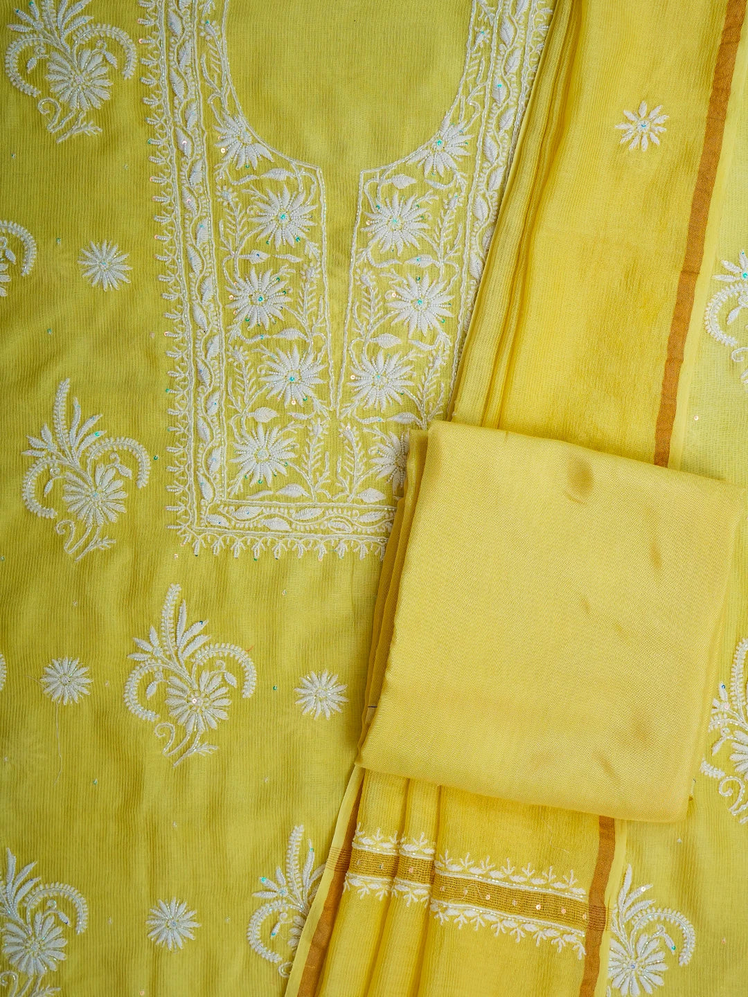 Ada Hand Embroidered Lemon Chanderi Lucknowi Chikankari Unstitched Suit Piece With Cutdana Work 01A648342