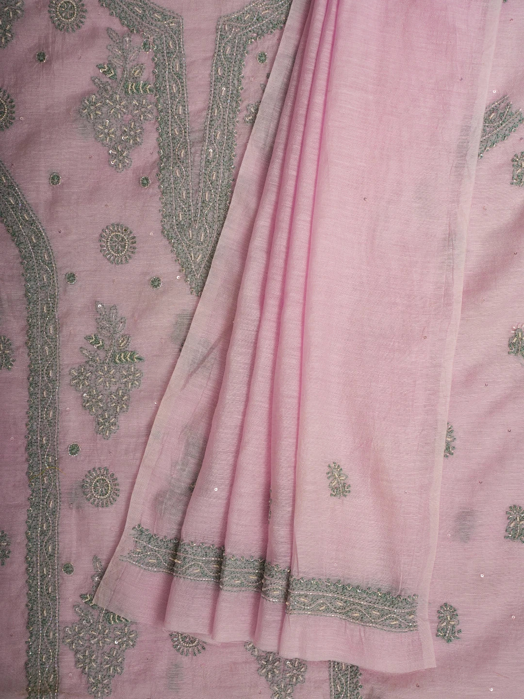Ada Hand Embroidered Pink Chanderi Lucknowi Chikankari Unstitched Kurta Dupatta Set With Cutdana Work 01A502566