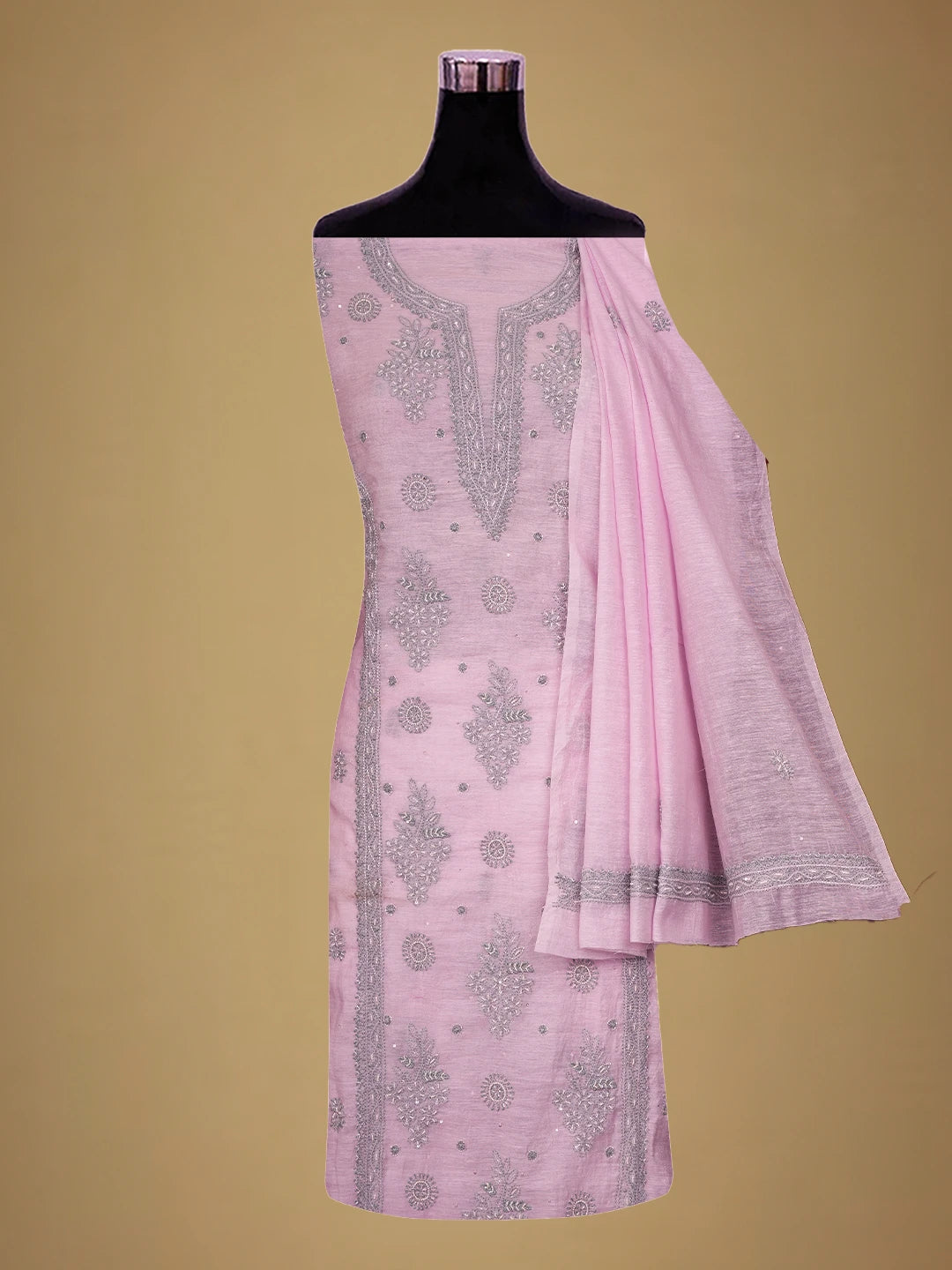 Ada Hand Embroidered Pink Chanderi Lucknowi Chikankari Unstitched Kurta Dupatta Set With Cutdana Work 01A502566