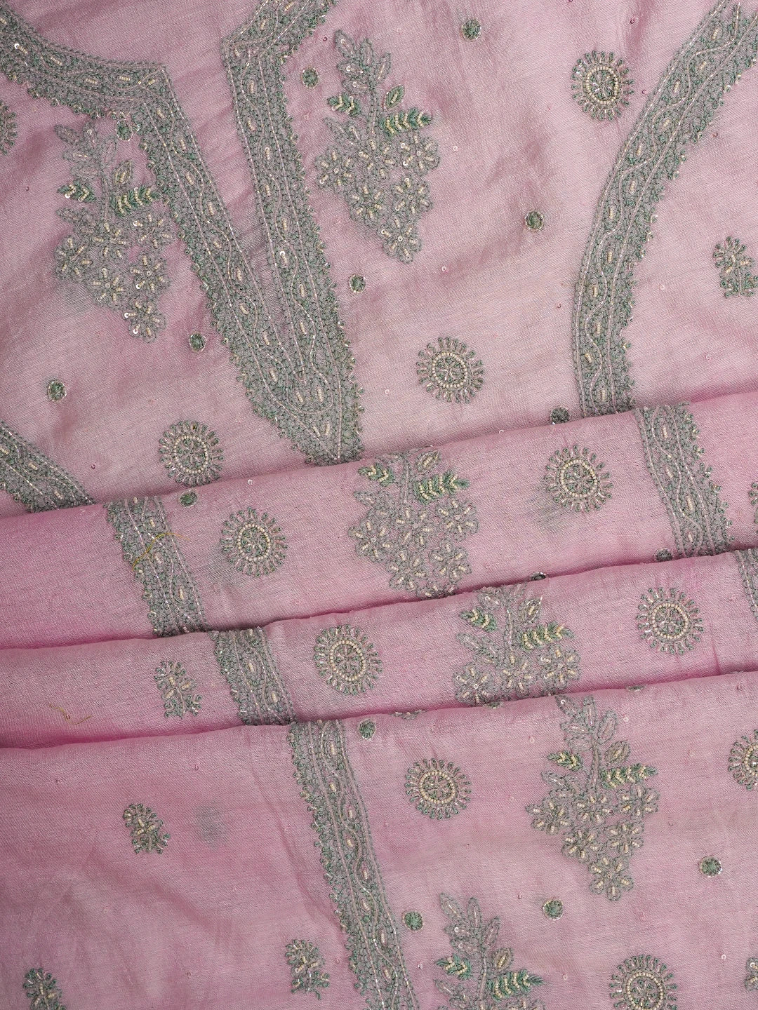 Ada Hand Embroidered Pink Chanderi Lucknowi Chikankari Unstitched Kurta Dupatta Set With Cutdana Work 01A502566