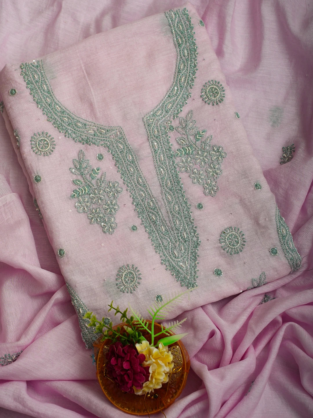 Ada Hand Embroidered Pink Chanderi Lucknowi Chikankari Unstitched Kurta Dupatta Set With Cutdana Work 01A502566