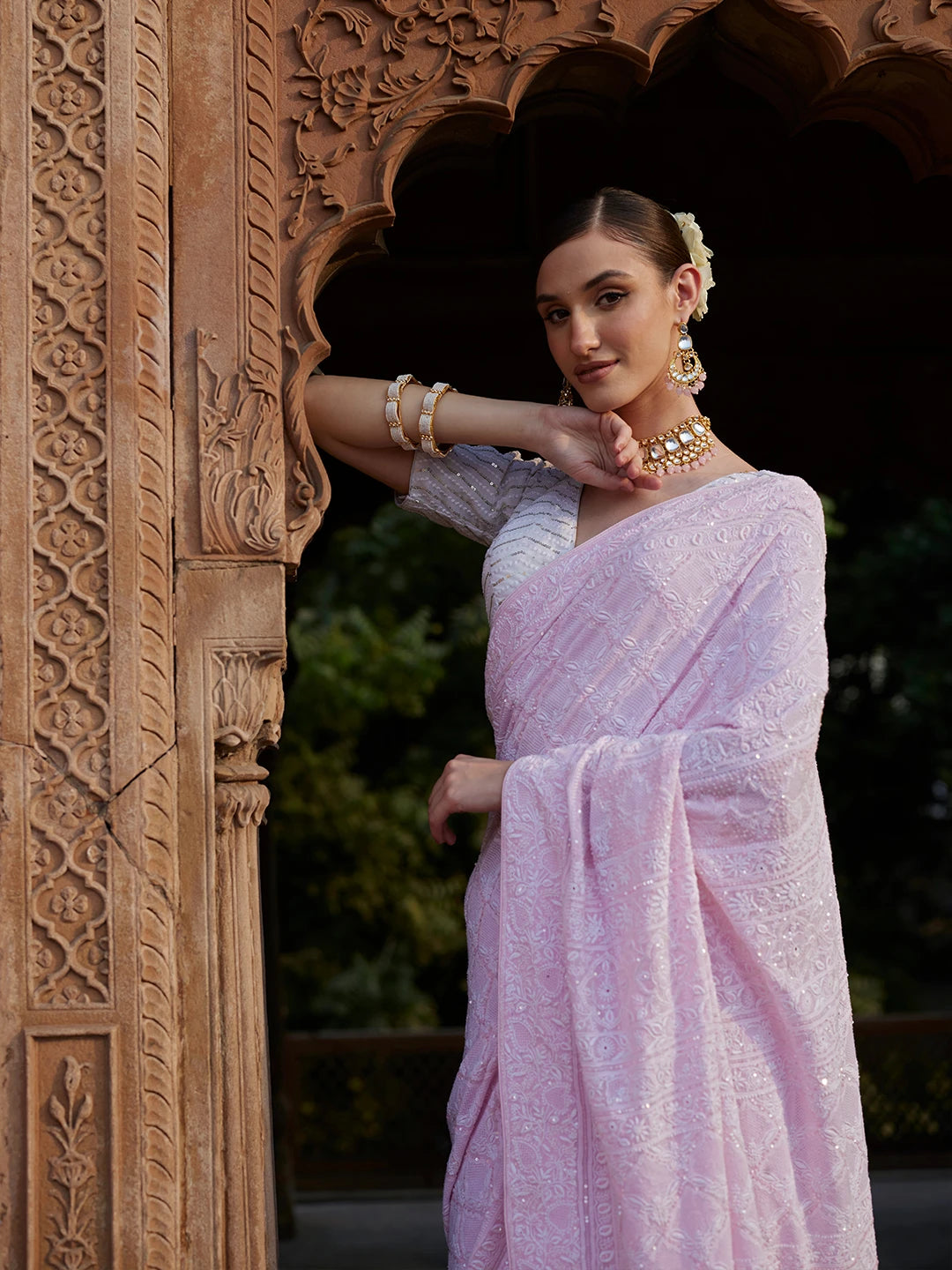 Ada Hand Embroidered Pink Pure Georgette Lucknowi Chikankari Saree and Blouse With Sequins Work 01A422527