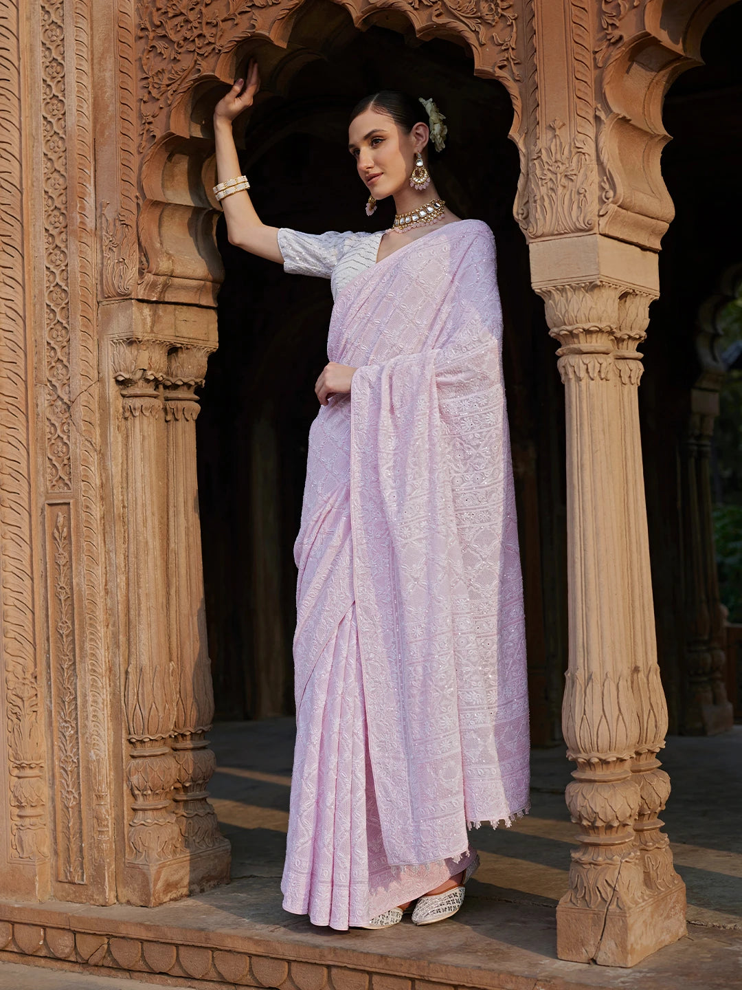 Ada Hand Embroidered Pink Pure Georgette Lucknowi Chikankari Saree and Blouse With Sequins Work 01A422527