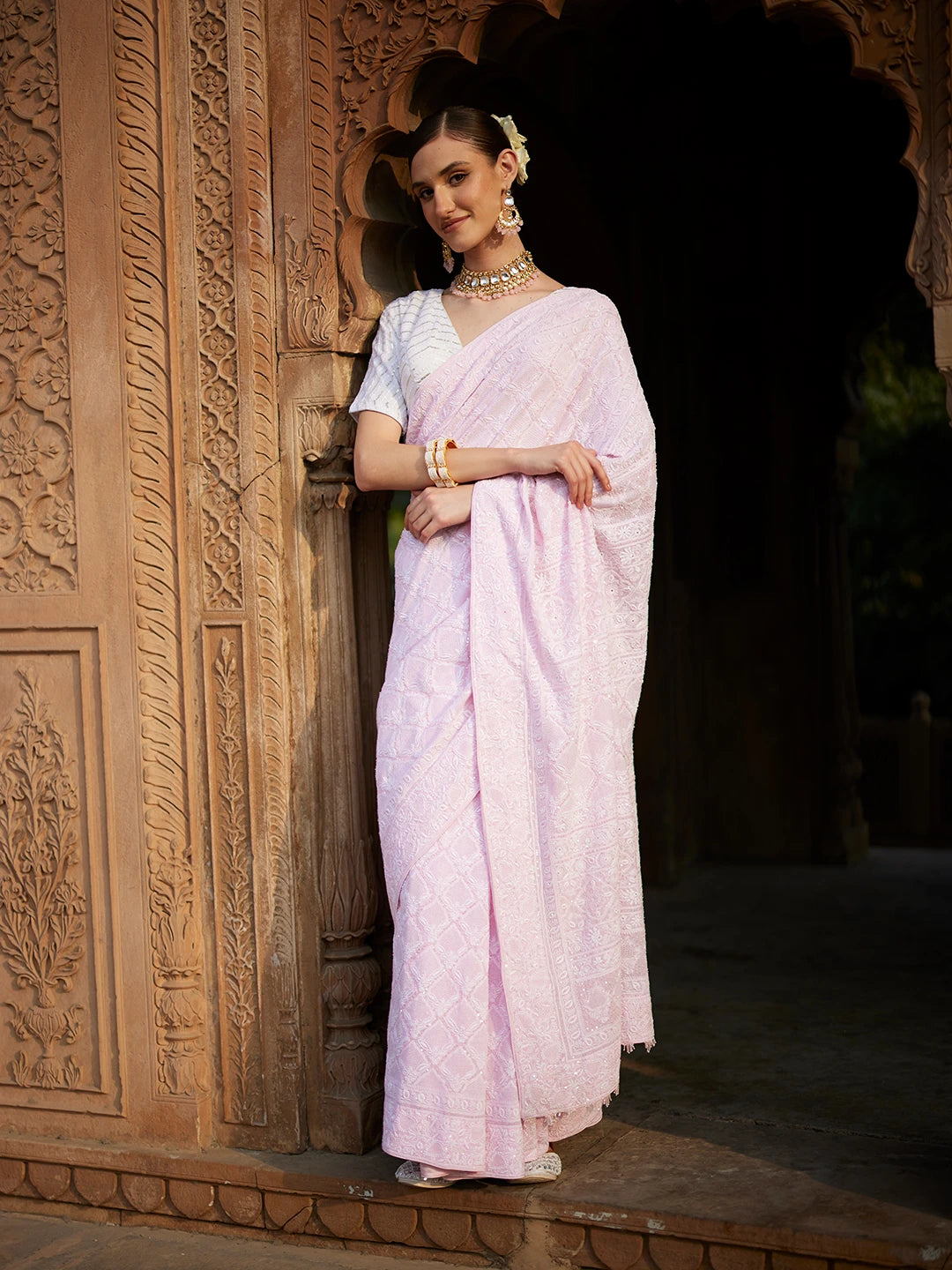 Ada Hand Embroidered Pink Pure Georgette Lucknowi Chikankari Saree and Blouse With Sequins Work 01A422527