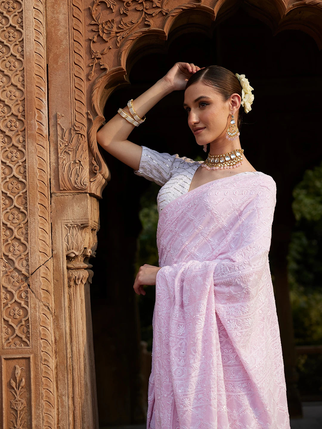 Ada Hand Embroidered Pink Pure Georgette Lucknowi Chikankari Saree and Blouse With Sequins Work 01A422527