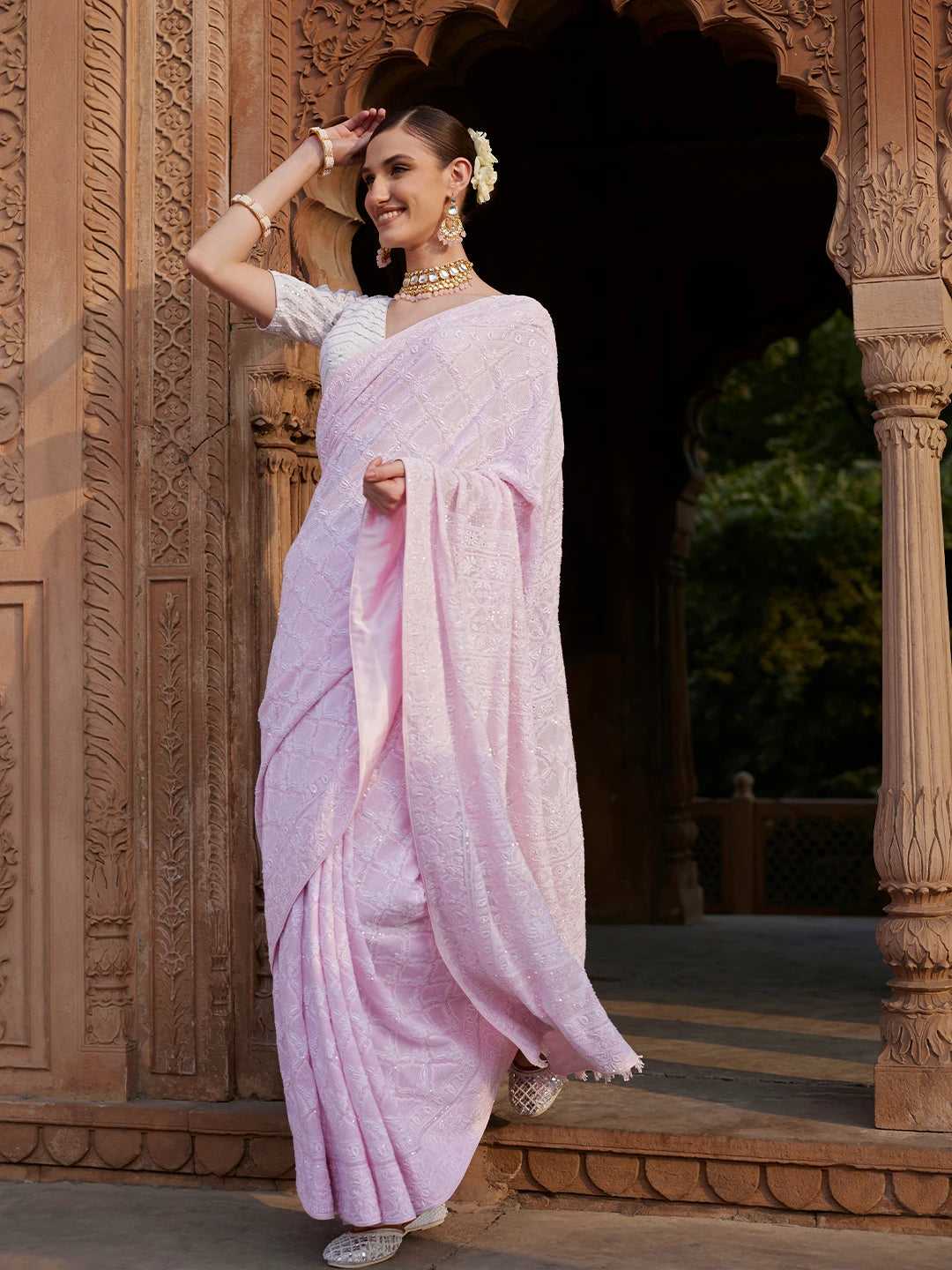 Ada Hand Embroidered Pink Pure Georgette Lucknowi Chikankari Saree and Blouse With Sequins Work 01A422527