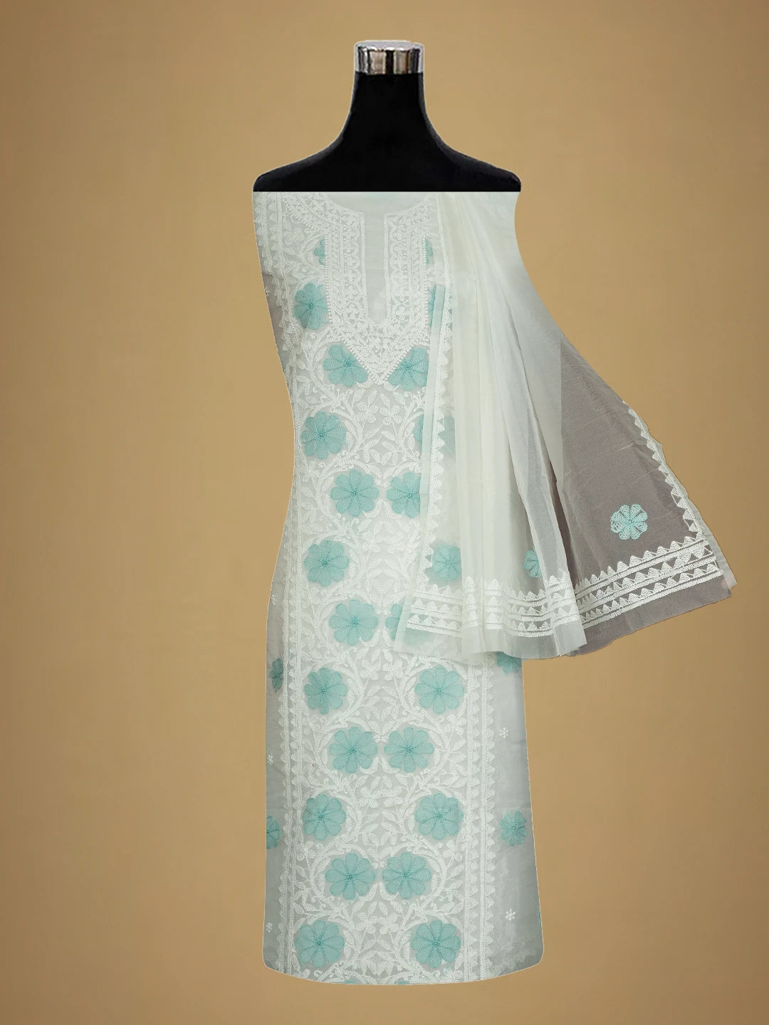 Ada Hand Embroidered White Organza Lucknowi Chikankari Unstitched Kurta Dupatta Set 01A718599